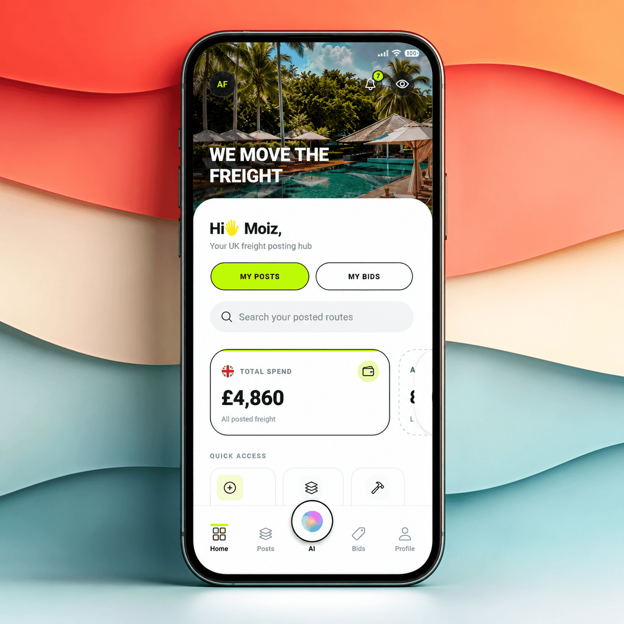Alpha Freight mobile app for posting loads and managing bids on the go